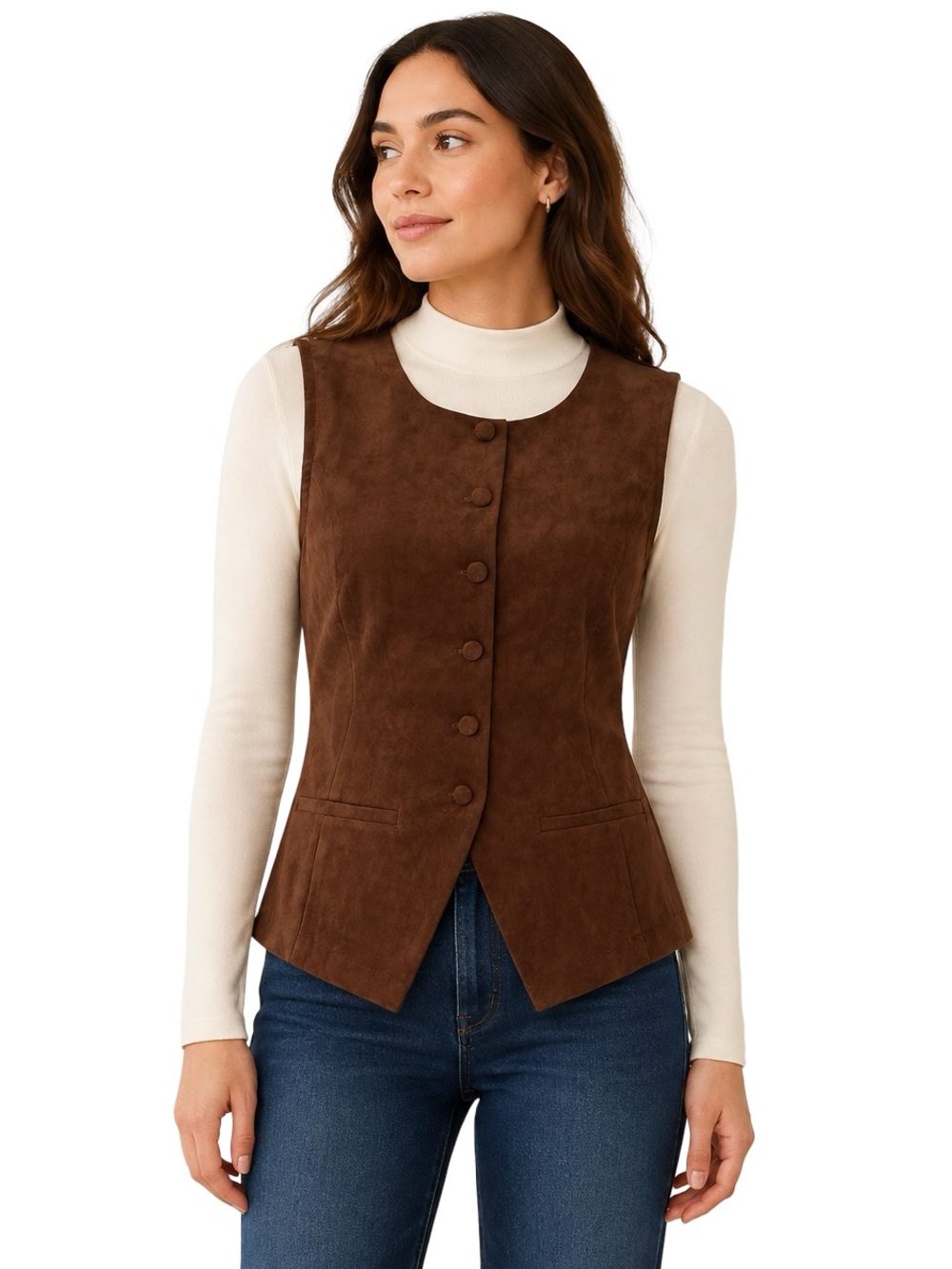 NWT Rachel Zoe Brown Faux Suede Button Front Tailored Vest Size Small